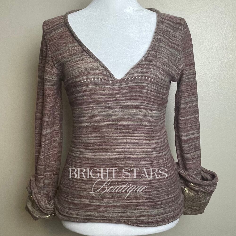Brown Sweater Long Sleeve Gold Foiled Fold Back Cuffs ALT ASO Monica Lorelai - Picture 6 of 10